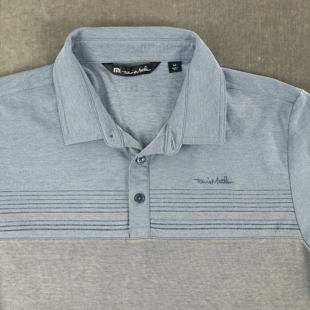 TravisMathew Mens M Blue Grey Polo Shirt Four Seasons Golf Striped Logo